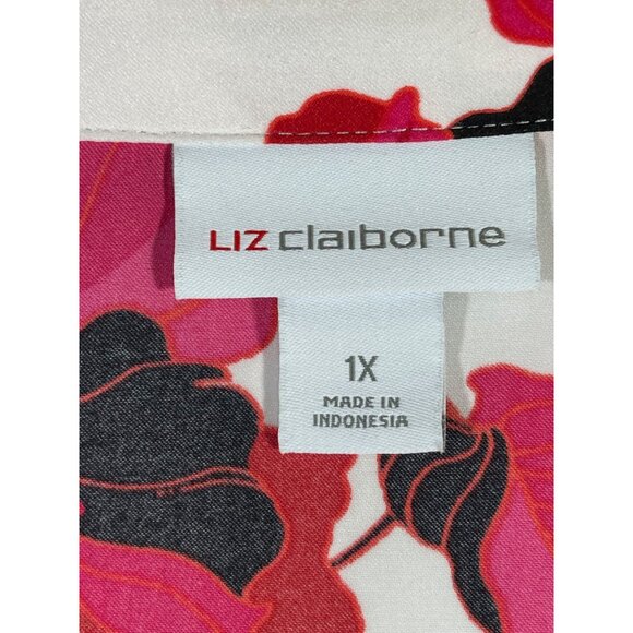 Liz Claiborne Womens Floral Print Blouse 1X Long Sleeve Pink Black Red Polyester - Picture 3 of 8